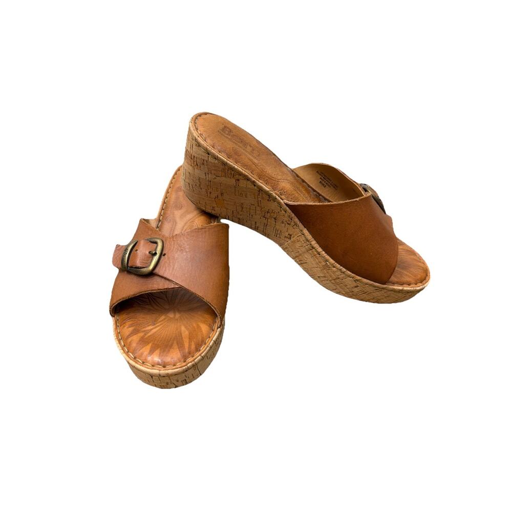 Born Araya Cork Wedge Sandal Camel with Buckle Size 9 Leather Strap Adjustable